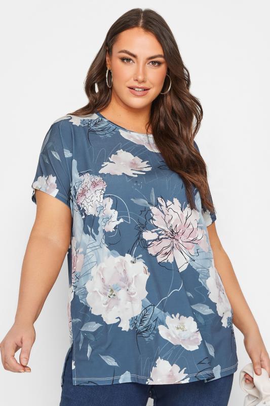 YOURS Curve Plus Size Dark Blue Floral Print T-Shirt | Yours Clothing  1