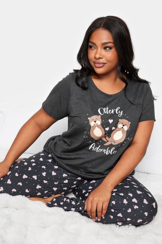 YOURS Plus Size Charcoal Grey 'Otterly Adorable' Heart Print Pyjama Set | Yours Clothing 4