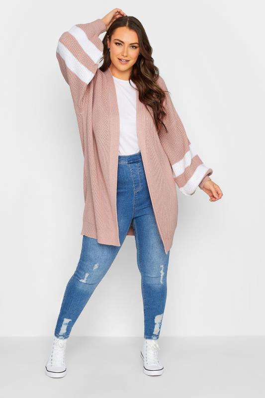 YOURS Plus Size Curve Light Pink Varisty Balloon Sleeve Cardigan | Yours Clothing  2