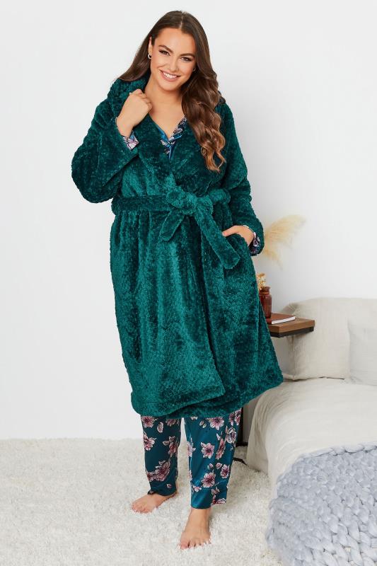 Plus Size  Curve Emerald Green Waffle Fleece Hooded Dressing Gown