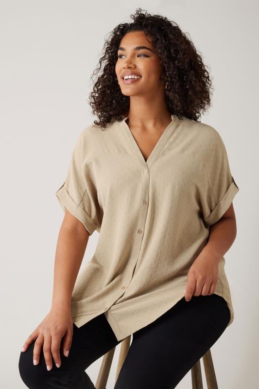  EVANS Curve Natural Brown Short Sleeve Blouse