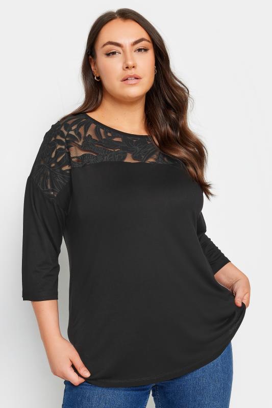 YOURS Plus Size Black Floral Mesh Detail Top | Yours Clothing 1