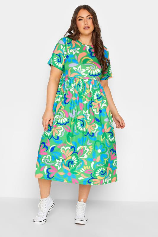 YOURS Curve Plus Size Green Abstract Print Smock Dress | Yours Clothing  1