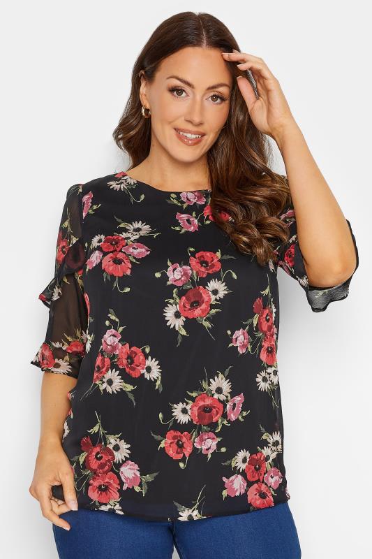 M&Co Women's Black & Red Floral Double Frill Sleeve Blouse | M&Co