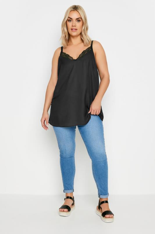 YOURS Plus Size Black Lace Trim Cami Top | Yours Clothing 2