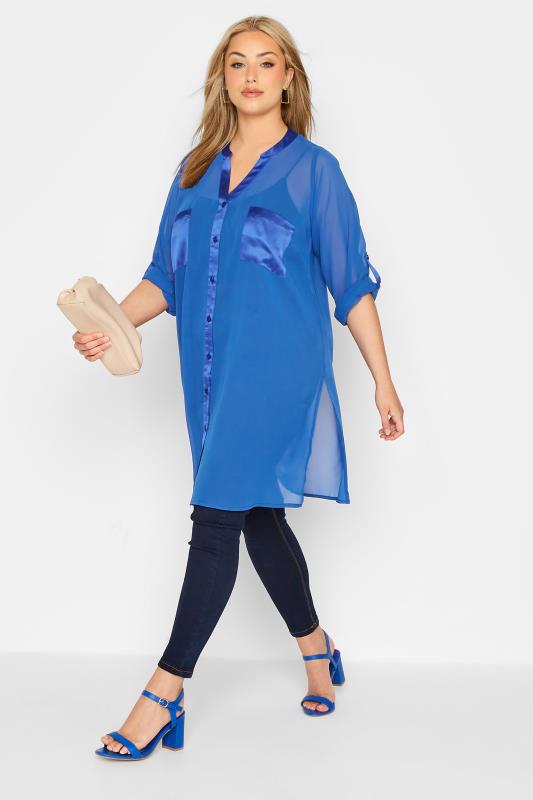 YOURS LONDON Plus Size Blue Satin Pocket Shirt | Yours Clothing 2