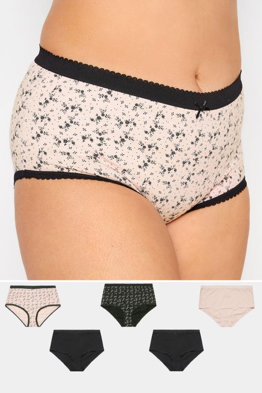 Plus Size 5 PACK Black & Pink Ditsy Floral Print High Waisted Full Briefs | Yours Clothing 1