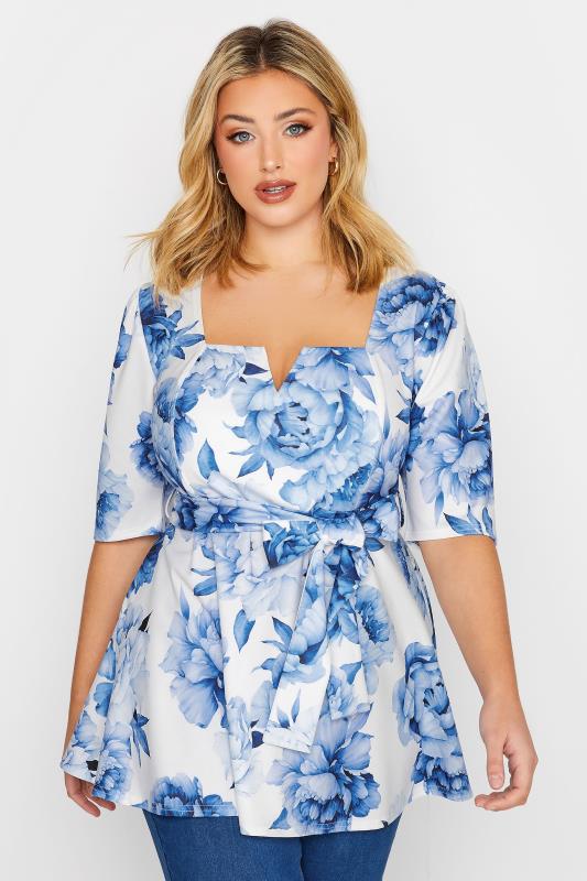 YOURS LONDON Plus Size White & Blue Floral Print Peplum Top | Yours Clothing 1