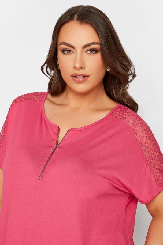 YOURS Plus Size Pink Lace Sleeve Zip T-Shirt | Yours Clothing 4