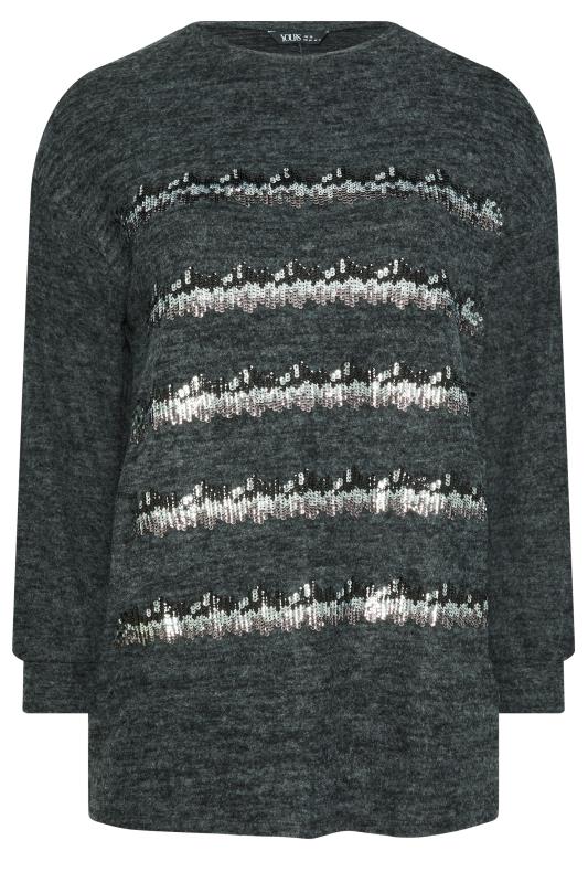 YOURS Plus Size Charcoal Grey Sequin Embellished Stripe Jumper | Yours Clothing 5