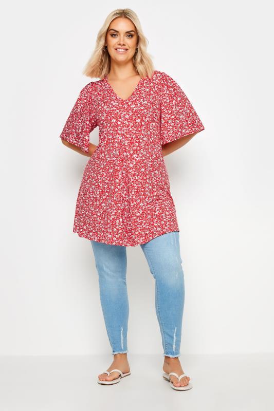 YOURS Plus Size Red Ditsy Floral Print Swing Top | Yours Clothing 2