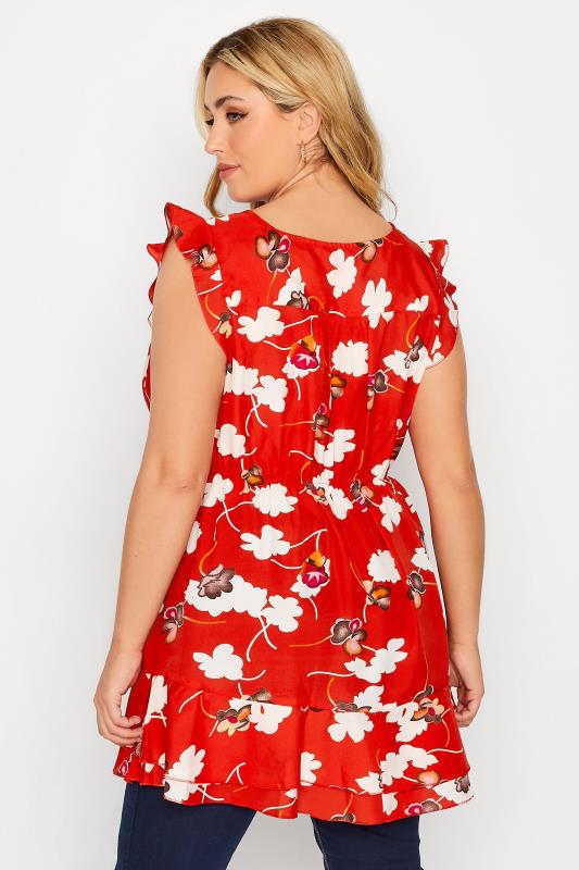 Curve Red Floral Print Frill Sleeve Smock Top 3