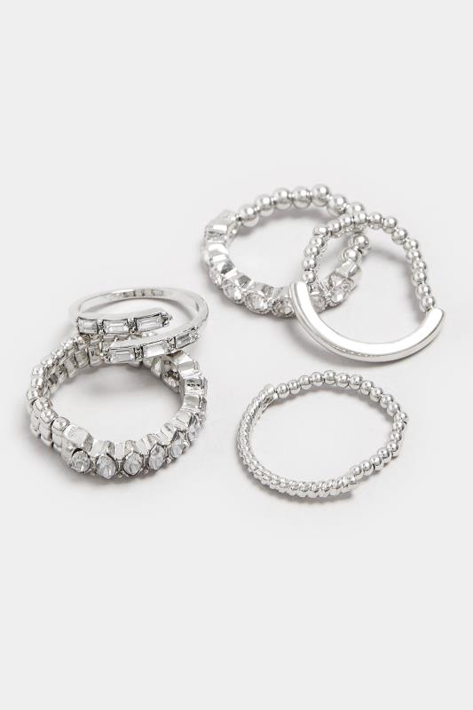 5 PACK Silver Tone Diamante Textured Stretch Rings | Yours Clothing 3
