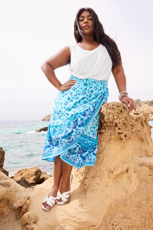 LIMITED COLLECTION Plus Size Blue Floral Print Wrap Skirt | Yours Clothing 3
