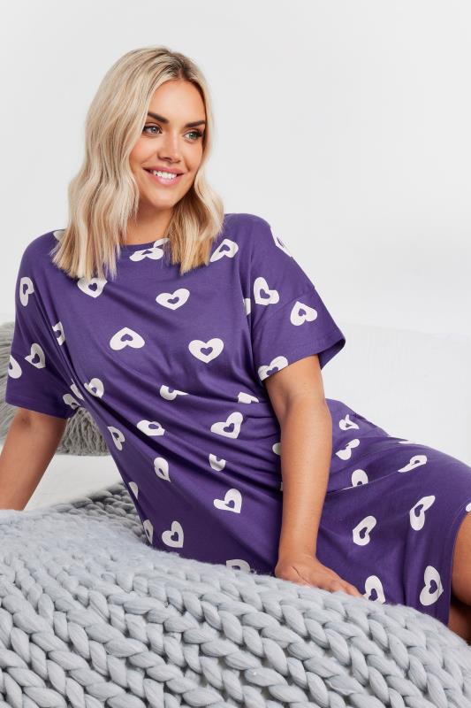 YOURS Plus Size Purple Heart Print Sleep Tee Nightdress | Yours Clothing 1