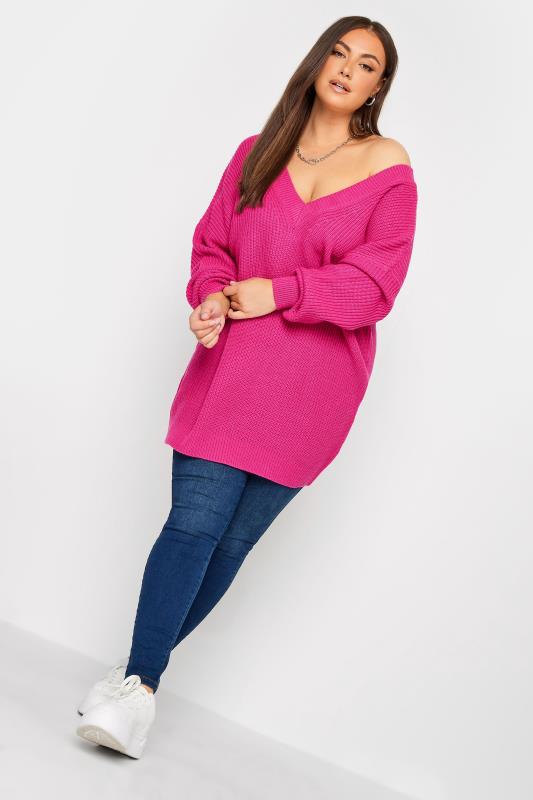 YOURS Plus Size Pink Double V-Neck Jumper | Yours Clothing 2