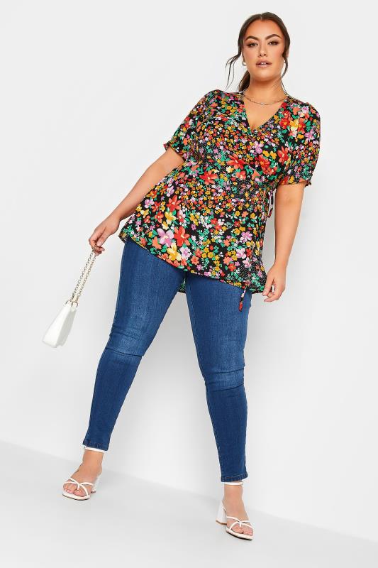 YOURS Plus Size Black Floral Patchwork Print Wrap Top | Yours Clothing 3