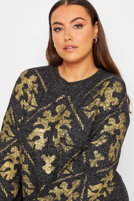 YOURS LUXURY Plus Size Curve Charcoal Grey & Gold Filigree Print Soft Touch Jumper 4