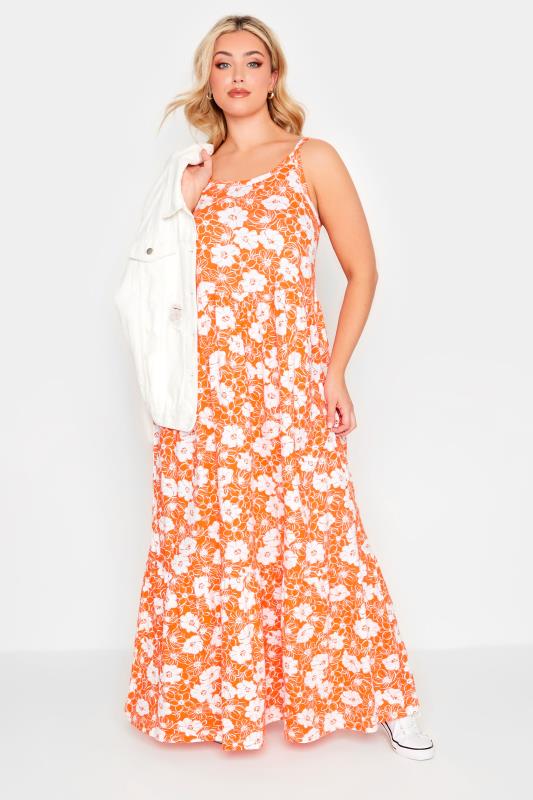 YOURS Curve Plus Size Orange Floral Tiered Maxi Sundress | Yours Clothing  1