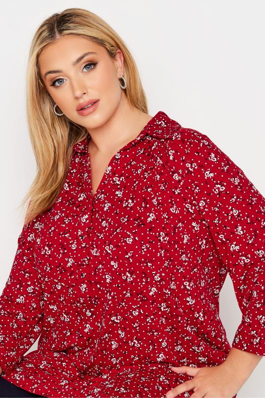 Curve Red Floral Half Placket Shirt | Yours Clothing 4