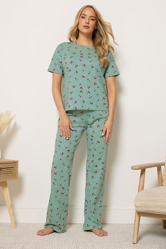  LTS Tall conjunto de pijama de algodón con estampado de cereza verde y pernera ancha