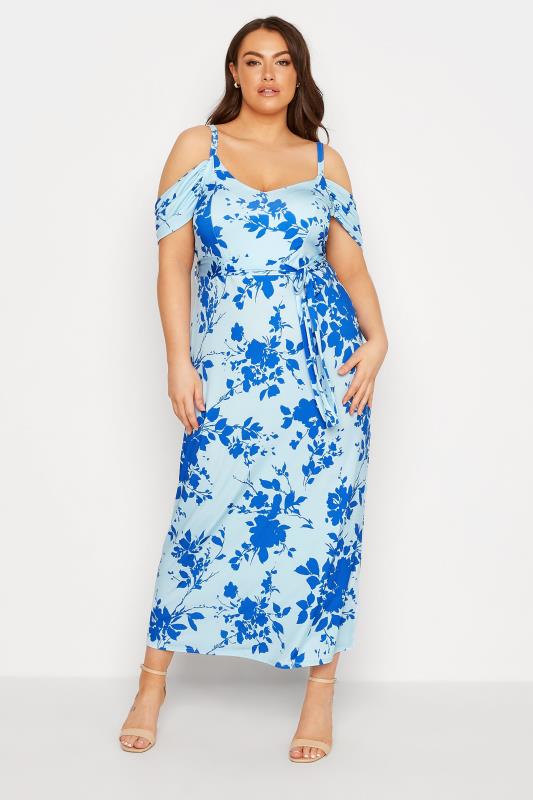 YOURS LONDON Plus Size Blue Floral Cold Shoulder Maxi Dress | Yours Clothing 1