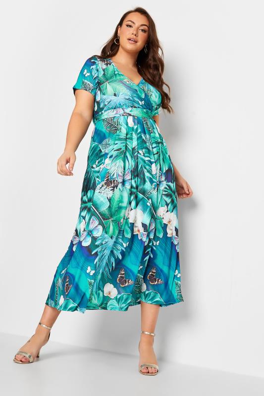 Plus Size  YOURS Curve Blue Leaf Print Wrap Neck Dress