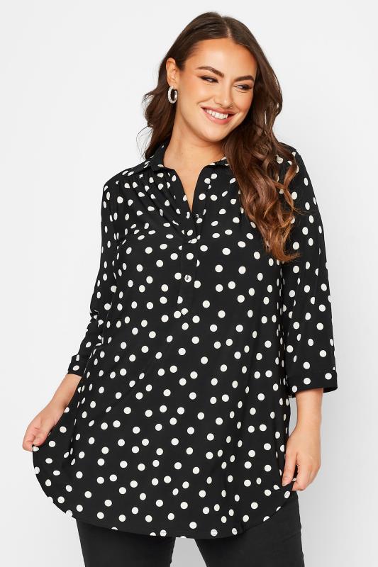 YOURS LONDON Plus Size Black Polka Dot Print Shirt | Yours Clothing 1