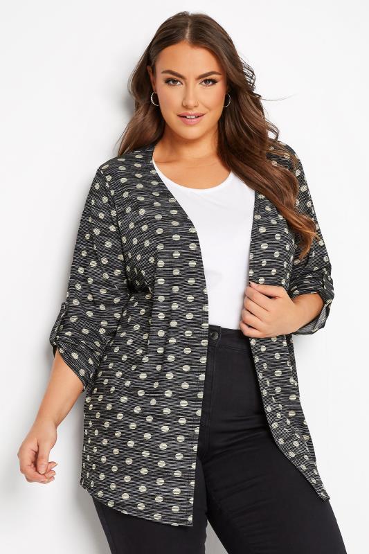 Plus Size Black Spot Print Roll Sleeve Cardigan | Yours Clothing 1