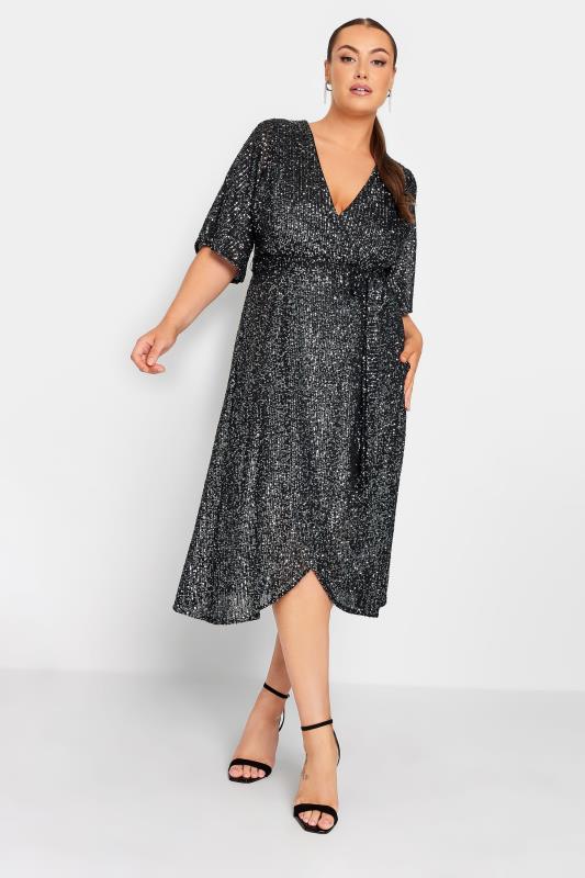 YOURS LONDON Plus Size Silver Sequin Embellished Double Wrap Dress | Yours Clothing 3