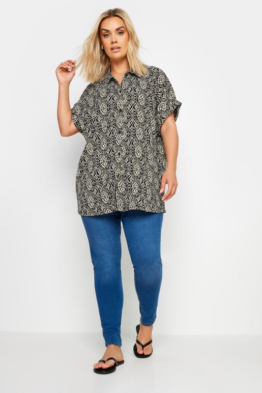YOURS Plus Size Black Geometric Print Button Front Shirt | Yours Clothing 2
