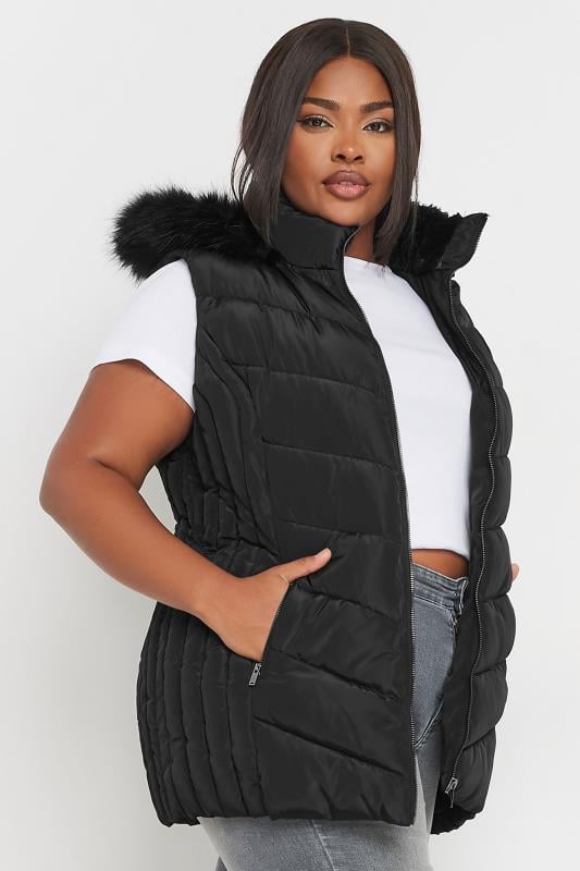 YOURS Plus Size Black Faux Fur Trim Padded Gilet | Yours Clothing 1