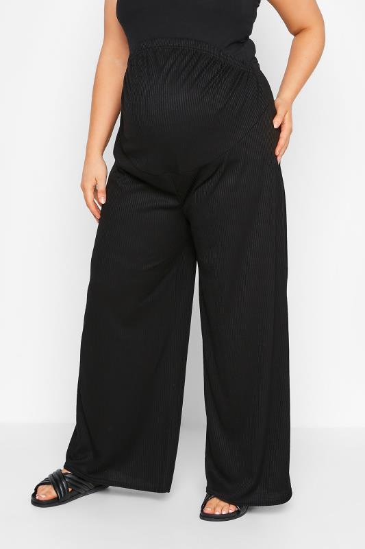  BUMP IT UP MATERNITY Curve Black Ribbed Wide Leg Trousers
