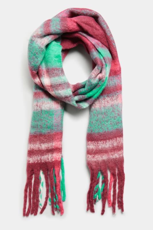 Pink & Green Check Chunky Tassel Scarf | Yours Clothing 2