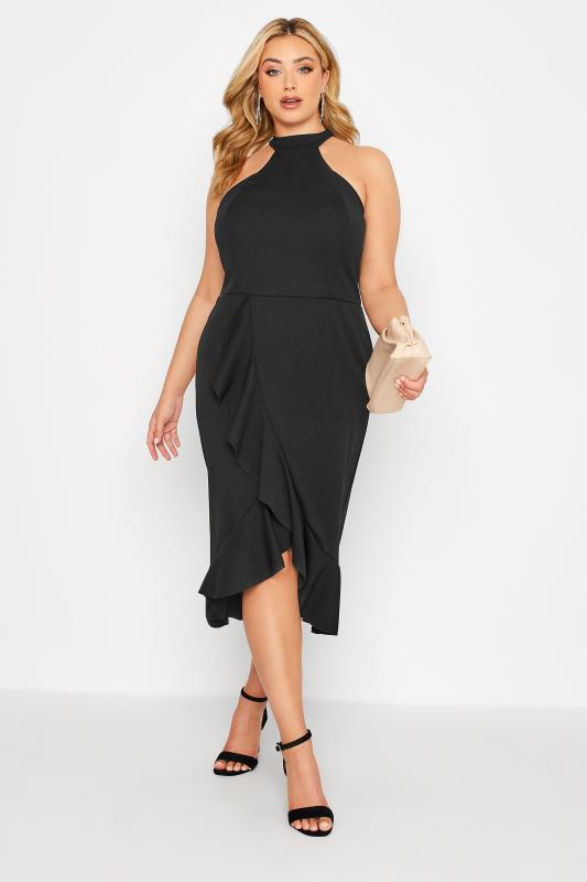 YOURS LONDON Plus Size Black Halter Neck Ruffle Wrap Dress | Yours Clothing 2
