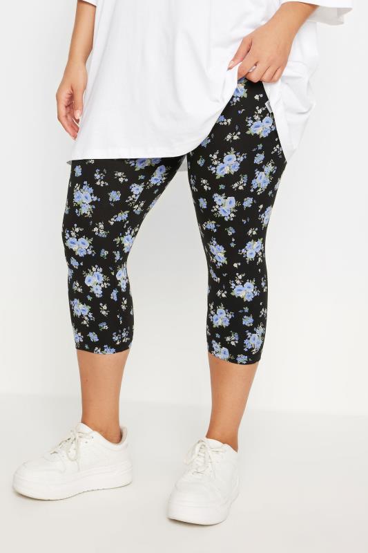 YOURS Plus Size 2 PACK Black & Blue Floral Print Cropped Leggings | Yours Clothing 4
