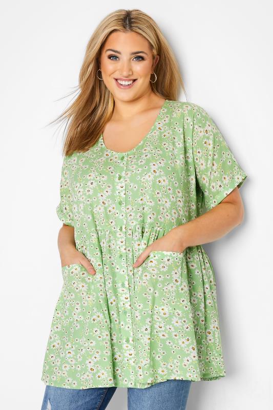 Plus Size Green Daisy Print Drop Pocket Peplum Top | Yours Clothing  1