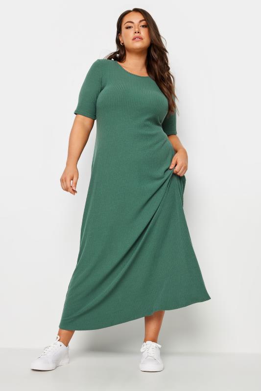 YOURS Plus Size Green Ribbed Swing Maxi Dress | Yours Clothing 1