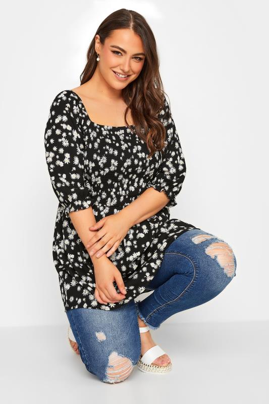 YOURS Plus Size Black Floral Crinkle Shirred Tunic Top | Yours Clothing 4