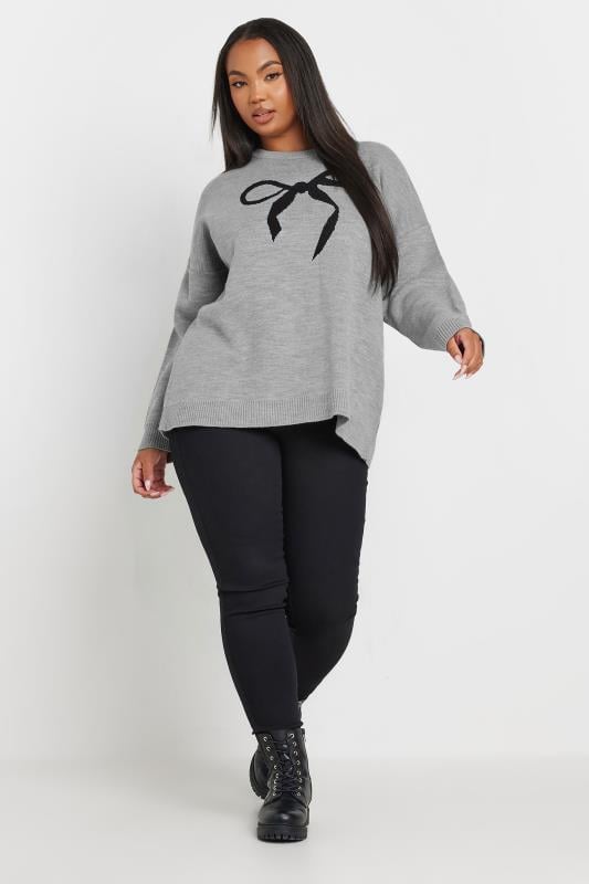 YOURS Plus Size Grey Bow Knitted Jumper | Yours Clothing 2