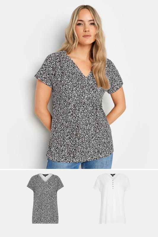  Tallas Grandes LTS 2 PACK Tall Black & White Ditsy Floral Print Cotton Henley T-Shirts