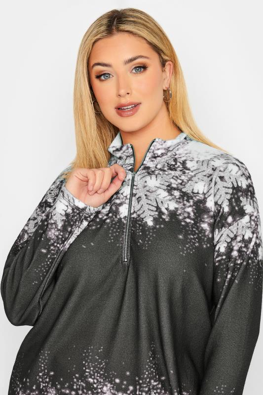 Plus Size Black Snowflake Soft Touch Zip Front Top | Yours Clothing 4