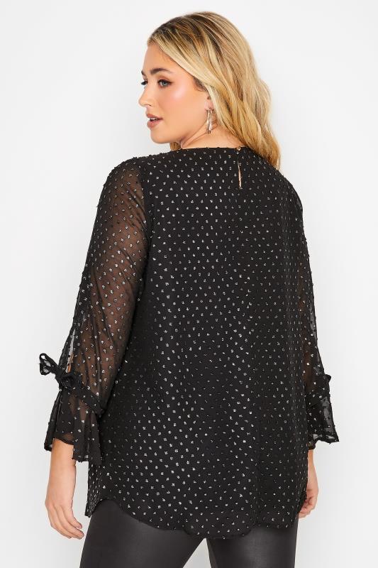 YOURS Plus Size Curve Black & Silver Polka Dot Bell Sleeve Blouse | Yours Clothing  3
