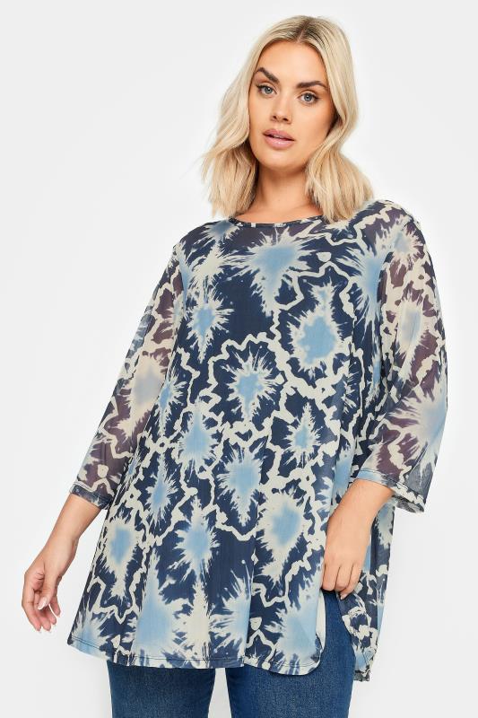 YOURS Plus Size Blue Abstract Print Mesh Top | Yours Clothing 1