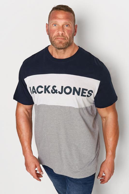 JACK & JONES Big & Tall Navy Blue & Grey Colour Block Logo T-Shirt 1
