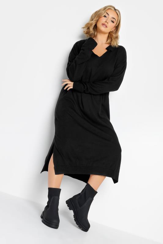 Plus Size  YOURS Curve Black Open Collar Knitted Jumper Dress