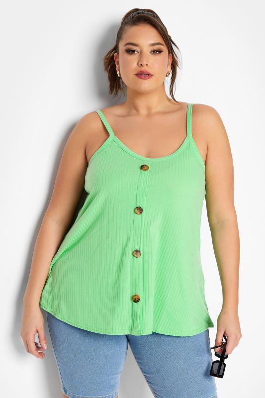 LIMITED COLLECTION Plus Size Green Ribbed Button Cami Vest Top | Yours Clothing  1