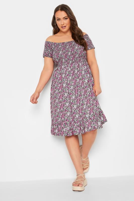 YOURS Curve Pink Floral Ditsy Shirred Midi Dress | Yours Clothing  1