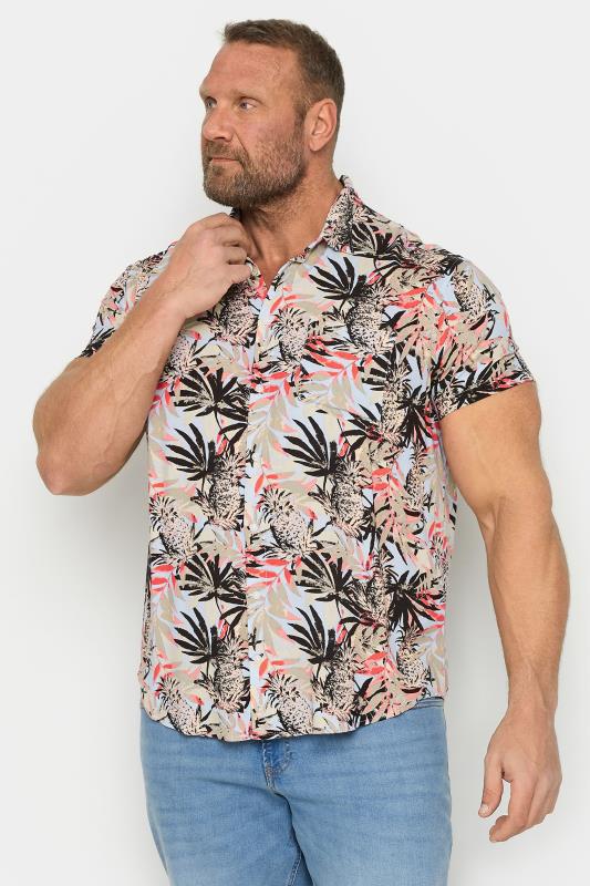  Grande Taille BLEND Big & Tall Brown Tropical Print Short Sleeve Shirt