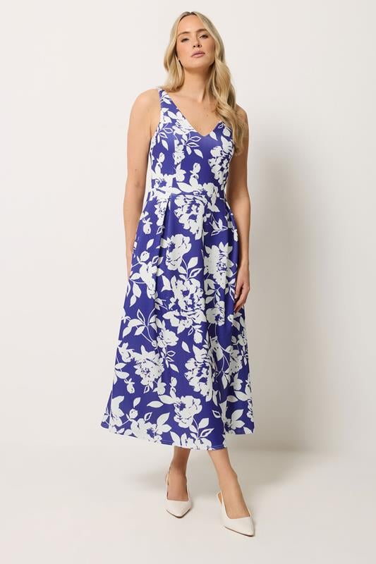  LTS Tall Navy Blue Floral Pleated Midi Dress